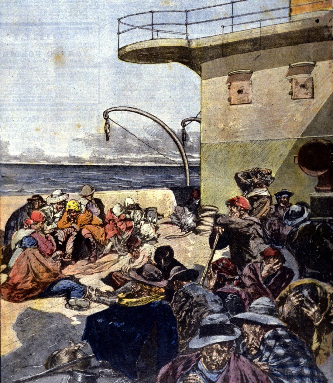 Italian muutto Kanadaan; matka Lake Meganticilla tehtiin melko vaikeissa olosuhteissa. Ill. kirjoittanut R. Pellegrini. La Domenica del corriere. 6.2.1901. tekijältä Riccardo Pellegrini