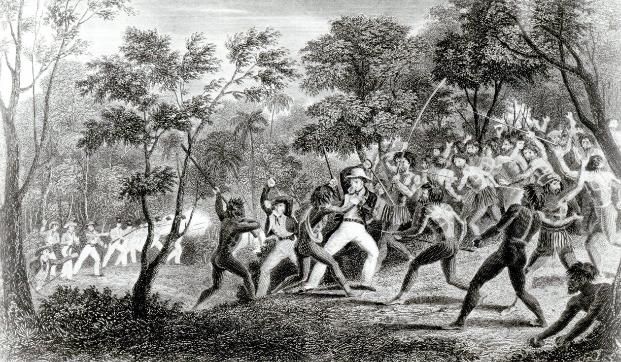 Gambier-saarten alkuperäisasukkaiden hyökkäys, kaiverrus Edward Finden, 1831 tekijältä Richard B. Beechey