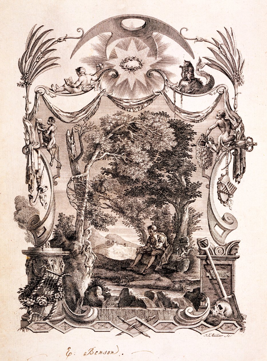 Runoilija harkitsee kuolemaa, kuvitus teoksesta "Tomas Grayn kuusi runoa", julkaistu 1775 tekijältä Richard Bentley