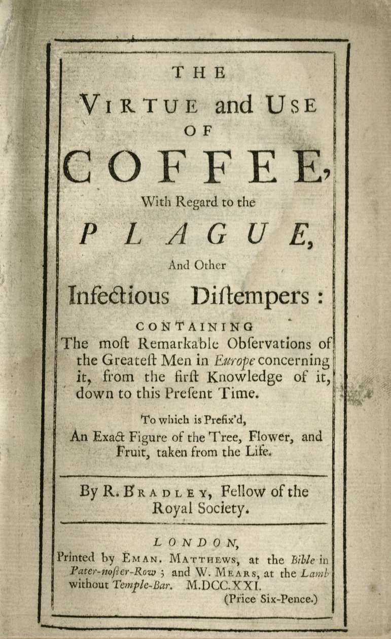 Pamfletti, joka selittää kahvin hyvettä ja käyttöä, n. 1721 tekijältä Richard Bradley