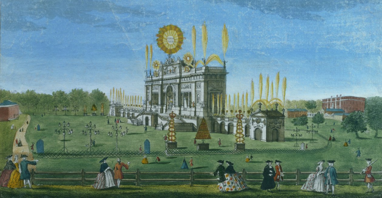 Perspektiivinäkymä Green Parkin ilotulitusrakennuksesta, otettu säiliöstä, kaiverrus Paul Angier, 1749 tekijältä Richard Brookes