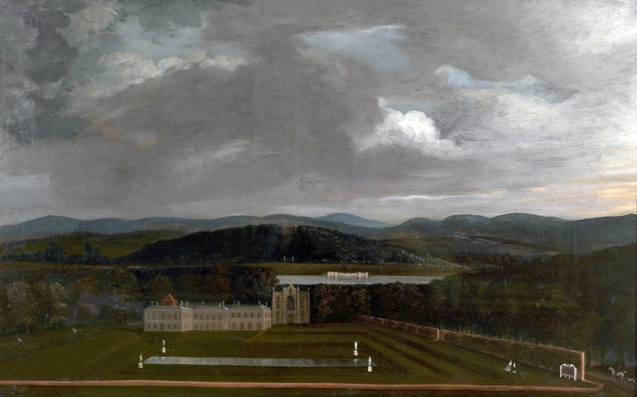 East View of Newstead Abbey, Nottinghamshire ja Great Garden, 1758 tekijältä Richard Byron