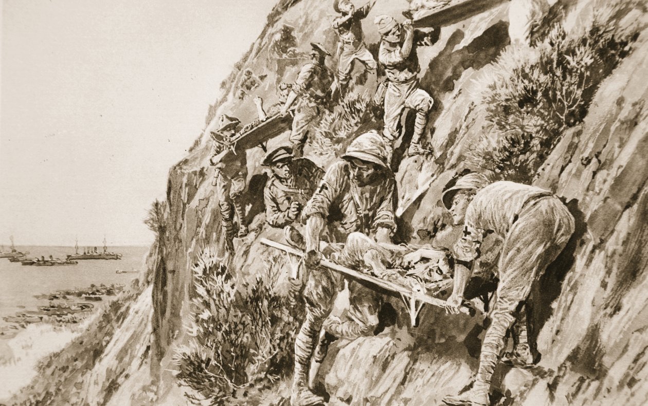 R.A.M.C. vaikeasti vertailtava suoritus: haavoittuneiden tuominen alas kalliolta Suvla Bayn taistelun aikana Dardanelleilla, "The Illustrated War News" tekijältä Richard Caton Woodville junior
