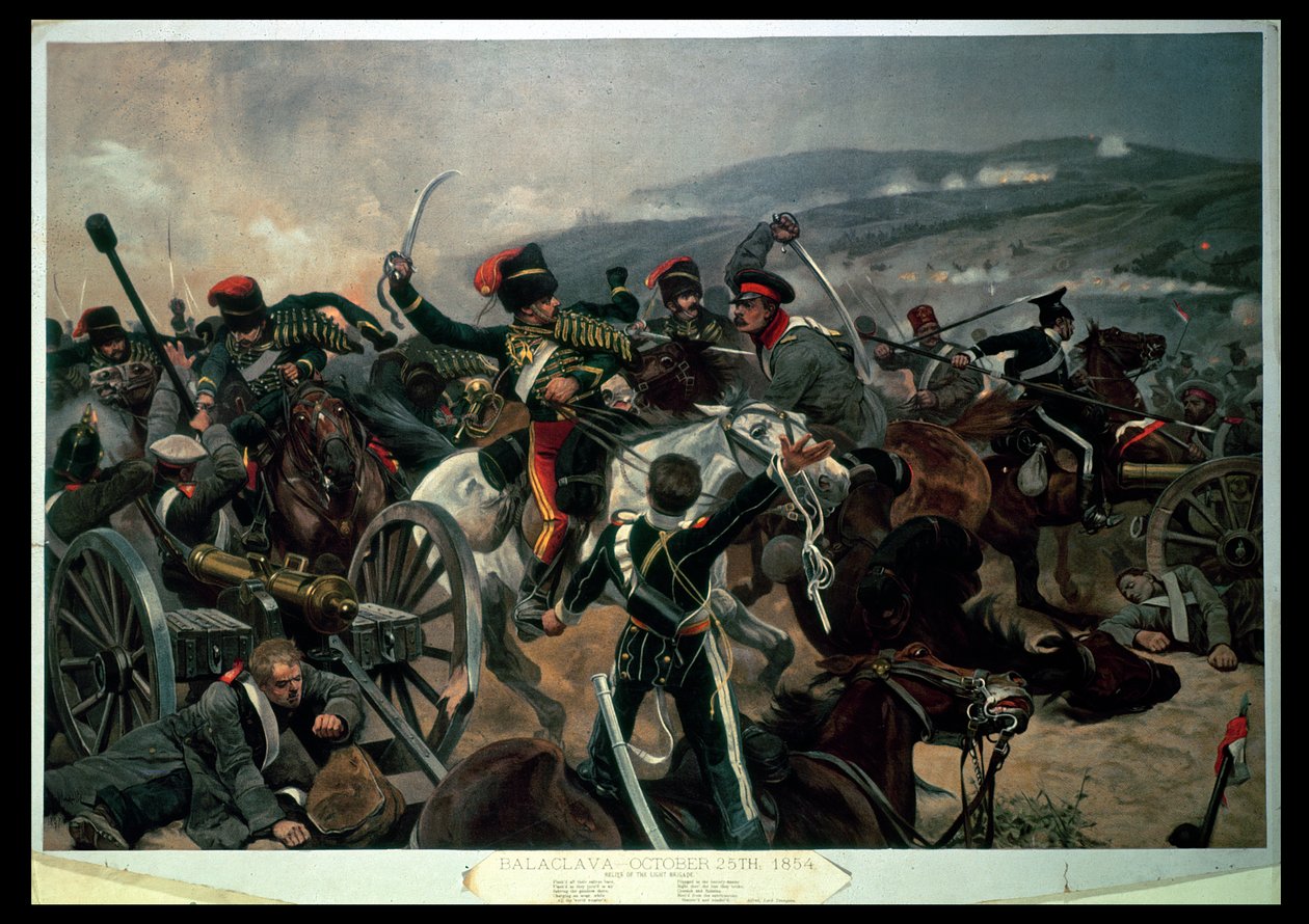 Balaclavan taistelu, 25. lokakuuta 1854, valoprikaatin helpotus (väripainatus) tekijältä Richard Caton Woodville junior