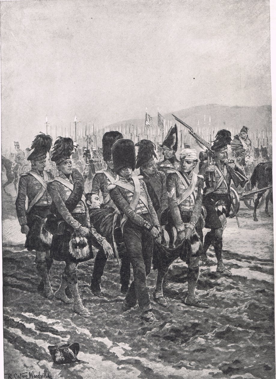Mukana Sir John Moorea taistelukentältä, kuvitus julkaisusta "British Battles on Land and Sea", julkaisija Cassell, Lontoo, n. 1910 tekijältä Richard Caton Woodville junior