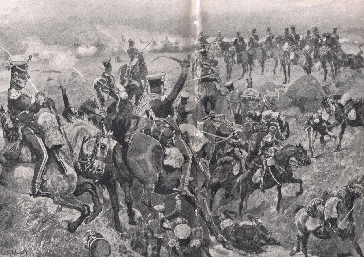 23. lohikäärmeen hyökkäys ranskalaisia aukioita vastaan Talaverassa, kuvitus teoksesta "British Battles on Land and Sea", julkaisija Cassell, Lontoo, n. 1910 tekijältä Richard Caton Woodville junior