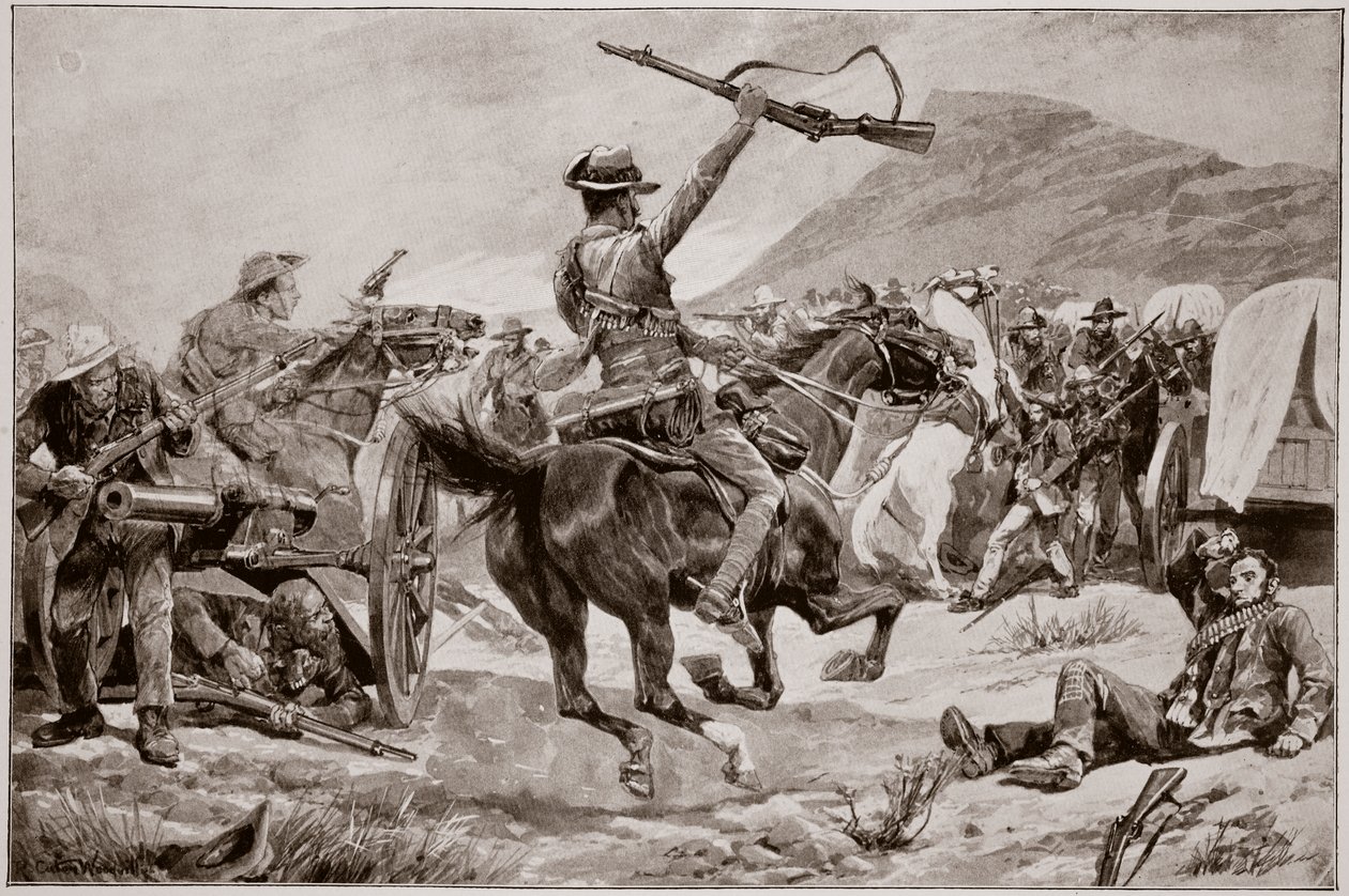 Bushmenien ja uusiseelantilaisten hyökkäys buuriaseilla lähellä Klerksdorpia, 24. maaliskuuta 1901 tekijältä Richard Caton Woodville junior