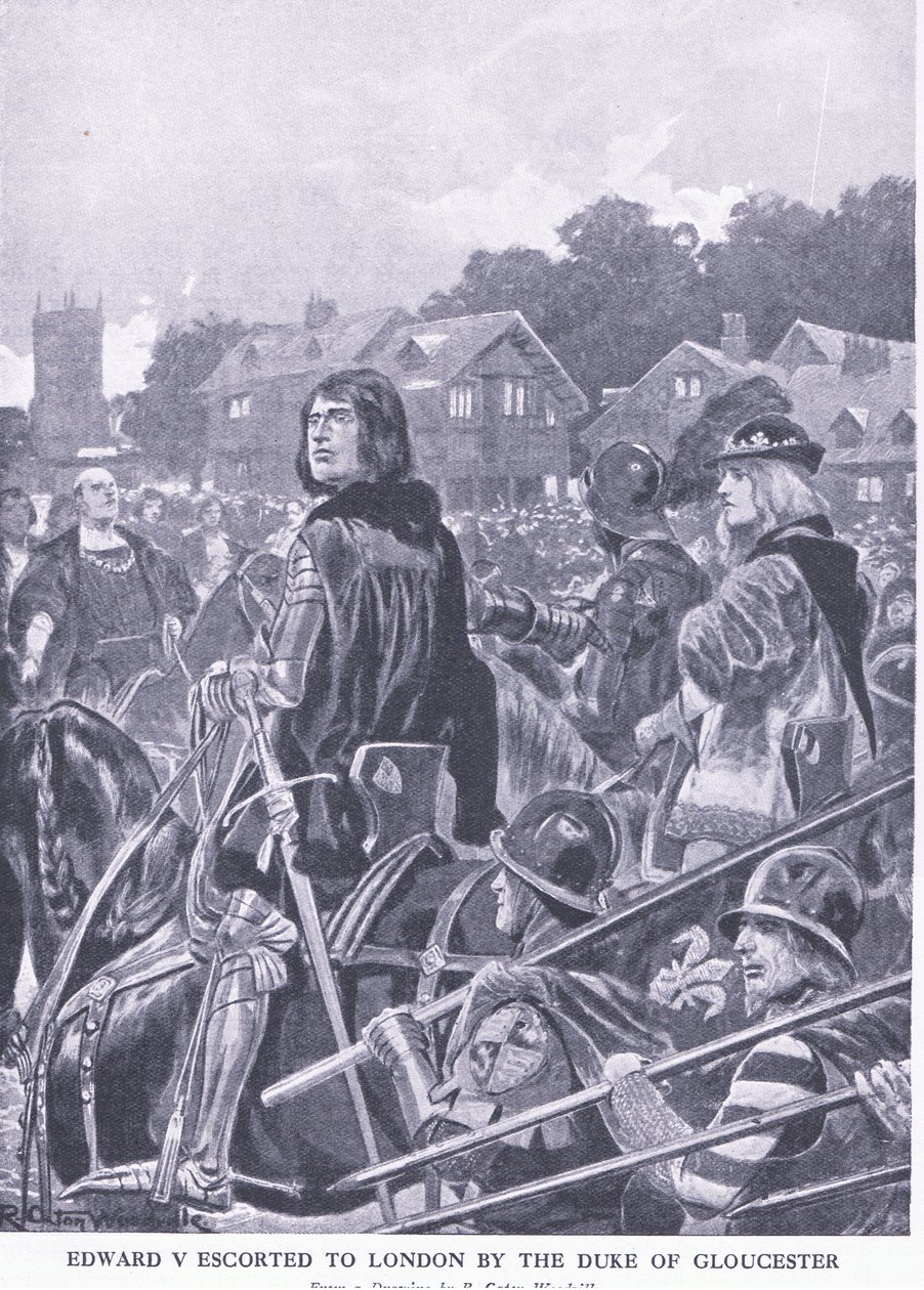 Gloucesterin herttua saattamassa Edward V:tä Lontooseen, Waverley Book Company Limitedin julkaisemasta Cassells History of the British People -teoksesta, n. 1940. tekijältä Richard Caton Woodville junior
