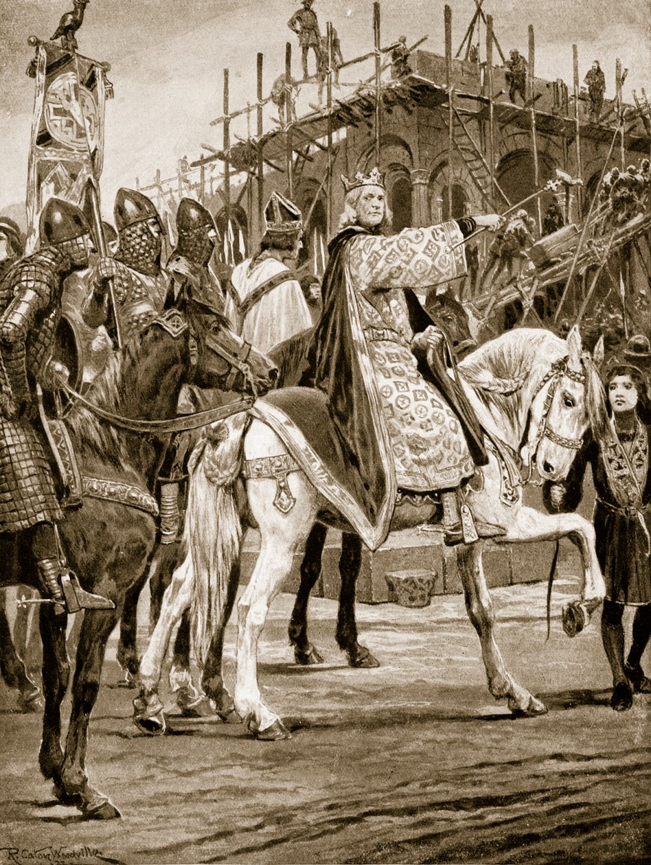 Edward Confessor katsomassa Westminster Abbeyn, Englannin ensimmäisen normannikirkon, rakentamista, kuvitus teoksesta 