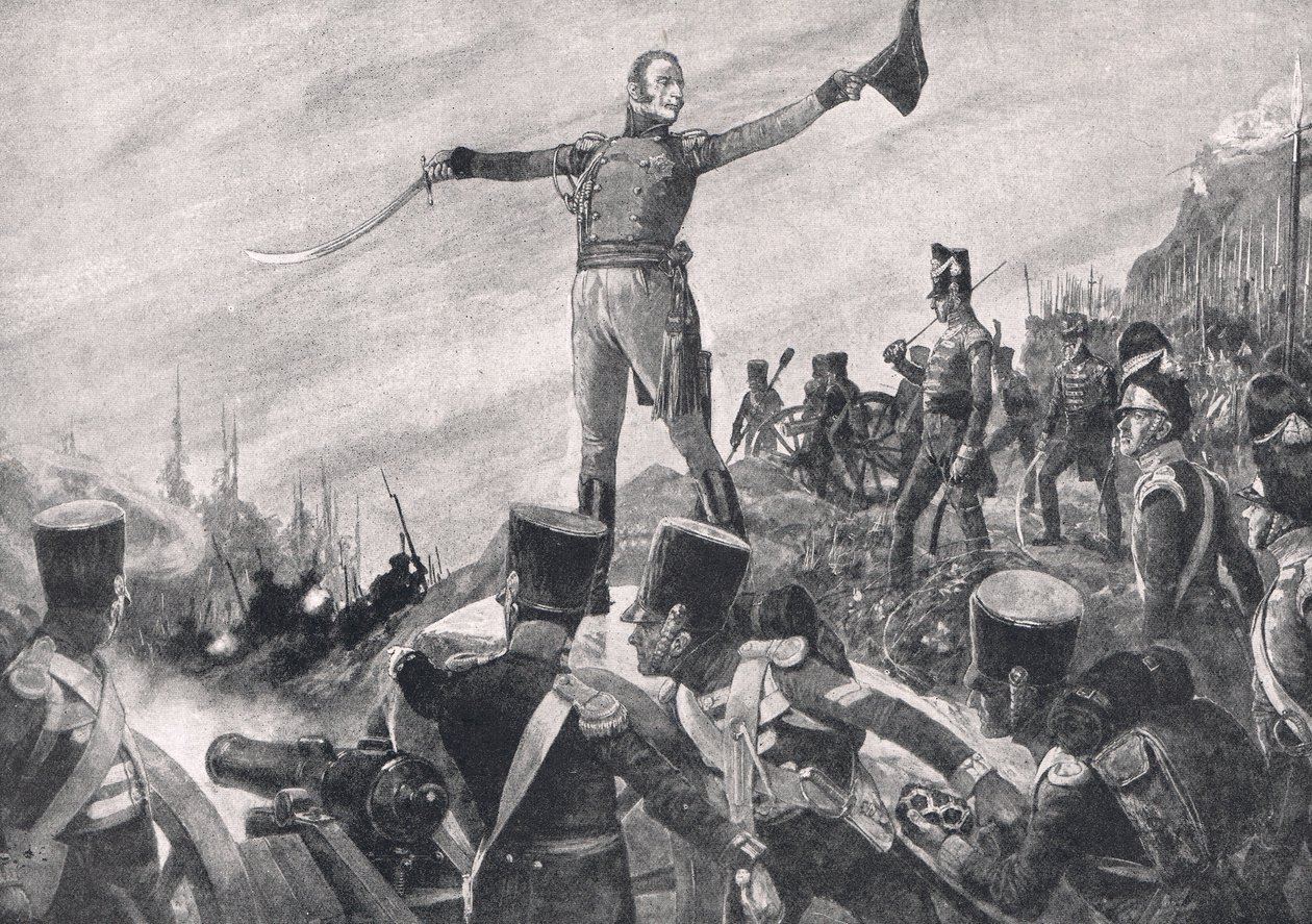 Kenraali Crawford antaa käskyn 43. ja 52. rykmentille etenemään, esimerkki julkaisusta "British Battle on Land and Sea", julkaisija Cassell, Lontoo, n. 1910 tekijältä Richard Caton Woodville junior