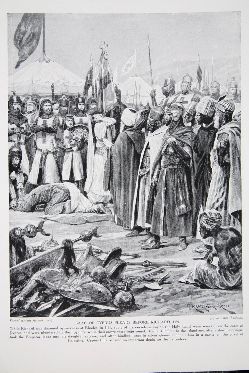 Kyproksen Isaac vetoaa Richardiin, 1191, kuvitus teoksesta "Hutchinson