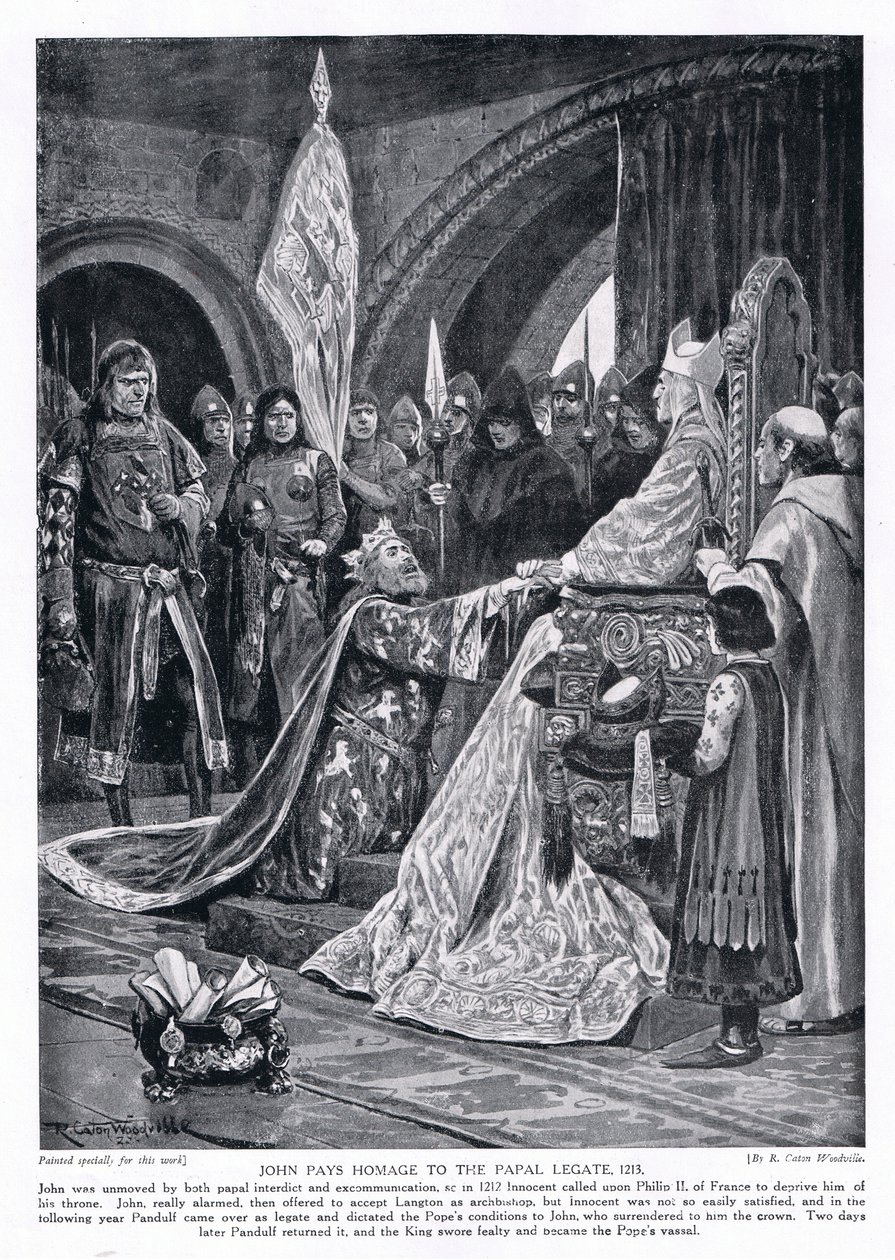 Johannes osoittaa kunnioitusta paavin legaatille AD1213, 1920-luku tekijältä Richard Caton Woodville junior