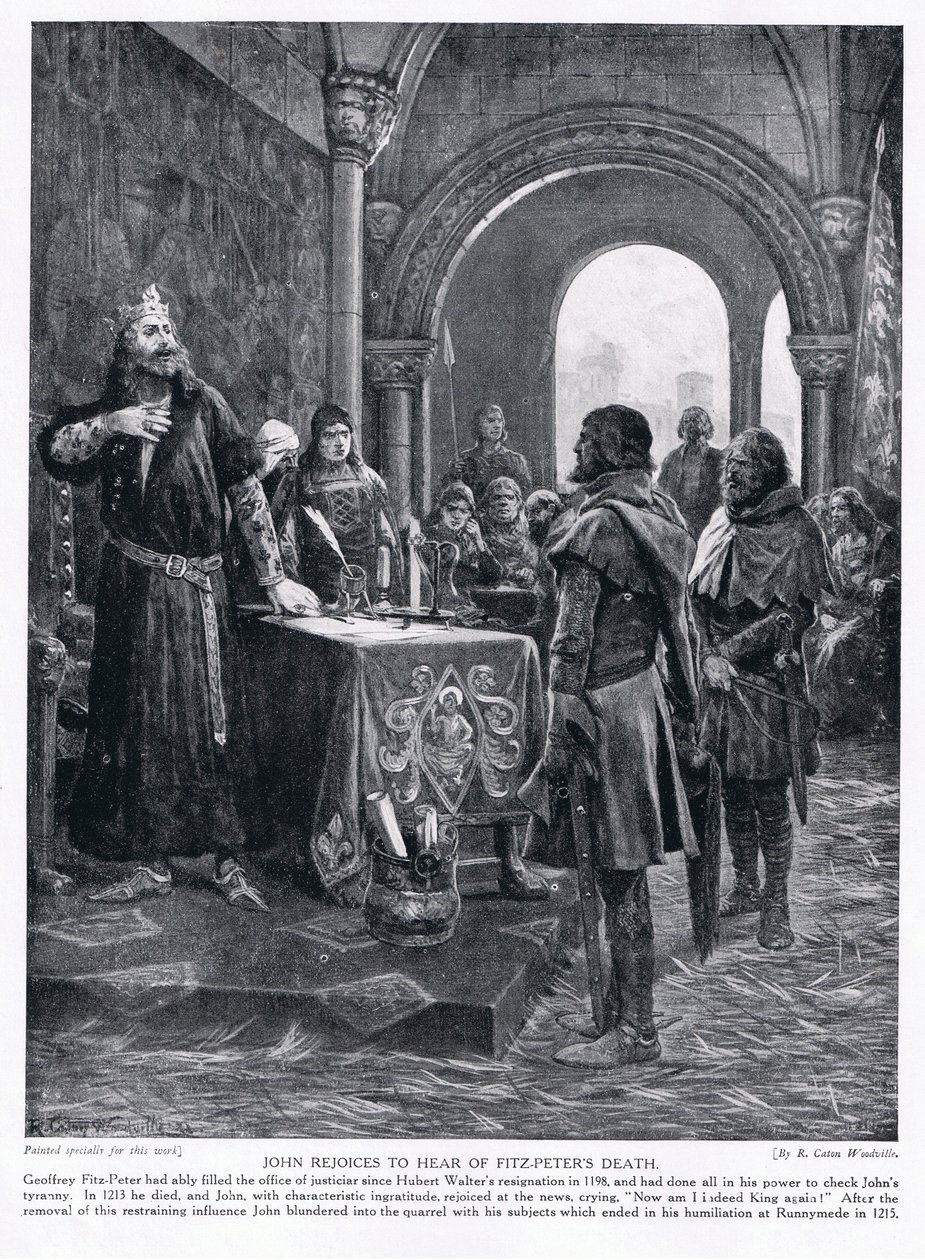John iloitsee kuultuaan Fitz-Petersin kuolemasta AD1198, 1920-luku tekijältä Richard Caton Woodville junior