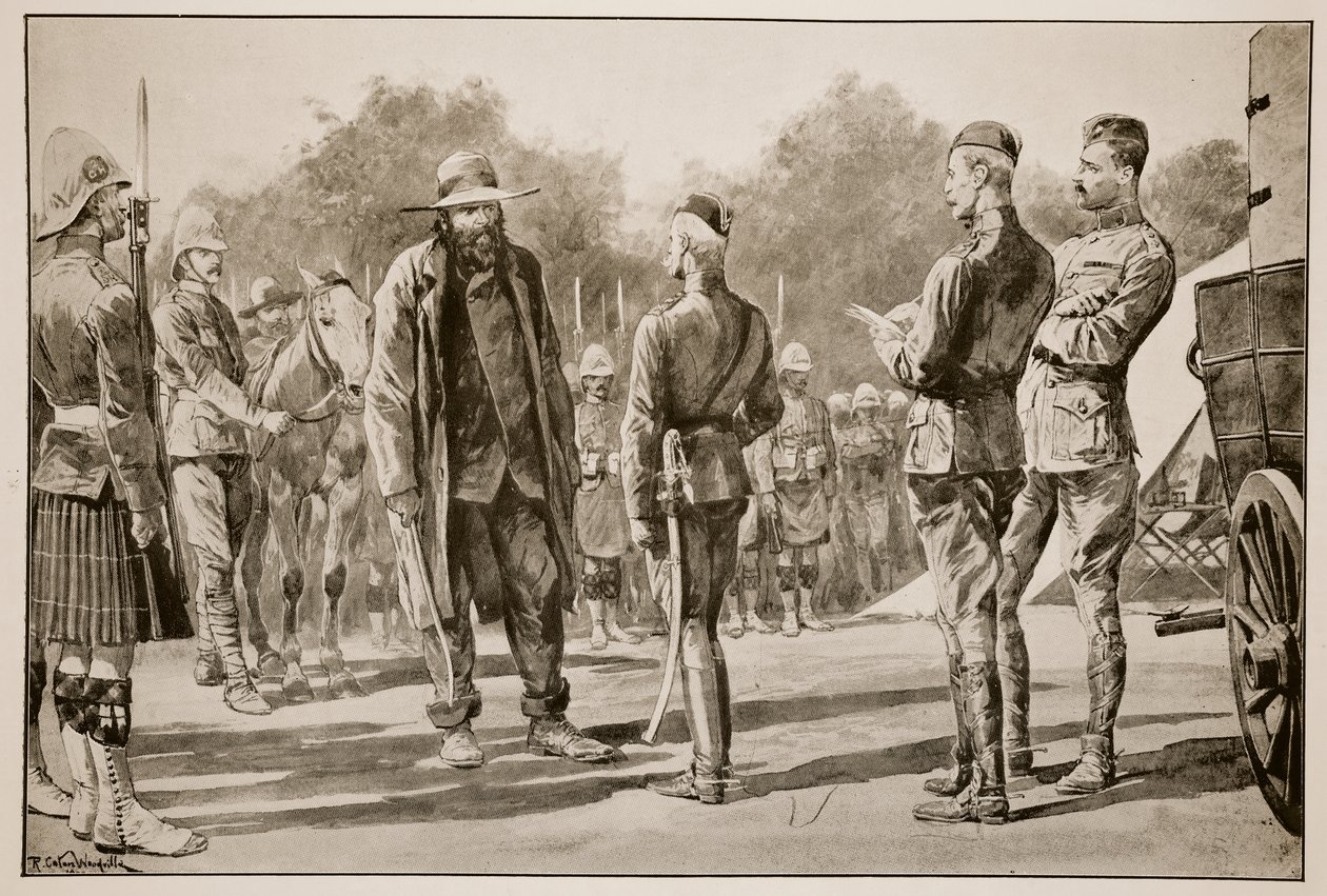 "Majuba Day": Buurikenraali Piet Cronje antautui Lord Robertsille Paardebergissä 27. helmikuuta 1900 Frederic Villersin (1851-1922) luonnoksesta tekijältä Richard Caton Woodville junior