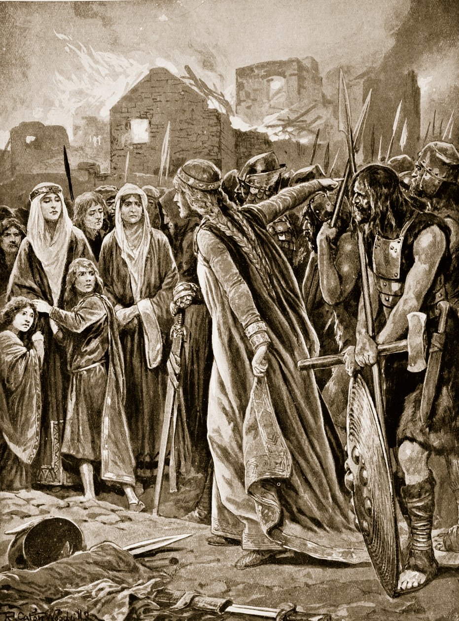 Vangit ennen Ethelfliä Breconin myrskyn jälkeen, kuvitus "Hutchinsonin tarinasta brittiläisestä kansasta", n. 1923 tekijältä Richard Caton Woodville junior