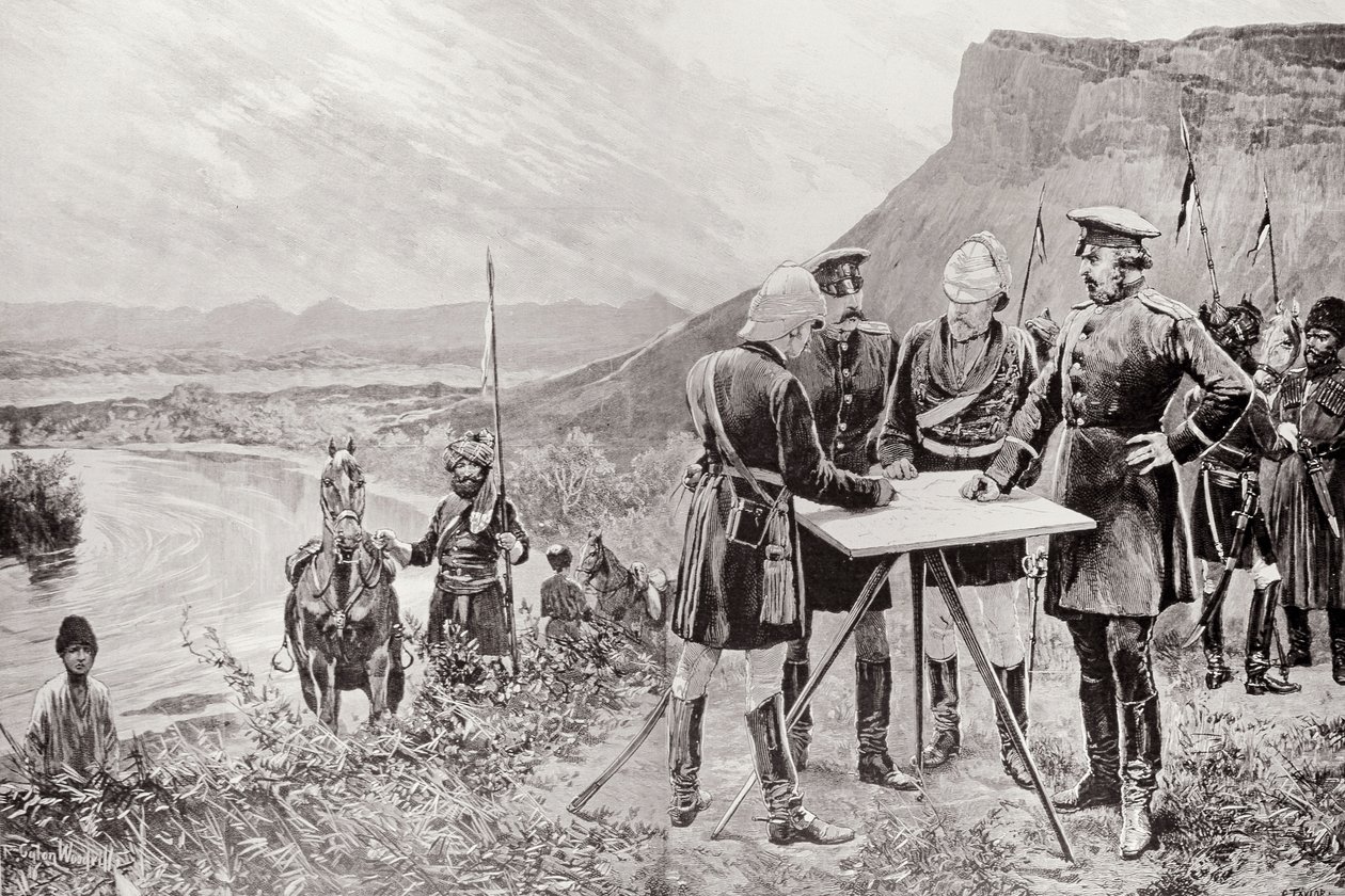 Afganistanin rajakomissio: Venäjän ja Ison-Britannian komissaarit Zulfikarissa, Fixing the Site of the First Boundary Post, 12. marraskuuta, kaivertanut R. Taylor, "The Illustrated London News", tekijältä Richard Caton Woodville junior