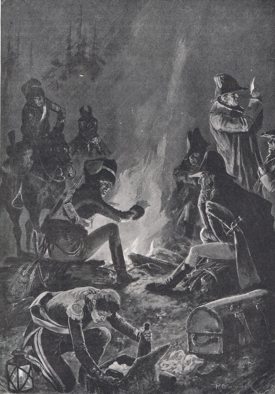 Bivouac ennen Bussacon taistelua, kuvitus "British Battles on Land and Sea" -julkaisusta, julkaisija Cassell, Lontoo, n. 1910 tekijältä Richard Caton Woodville junior