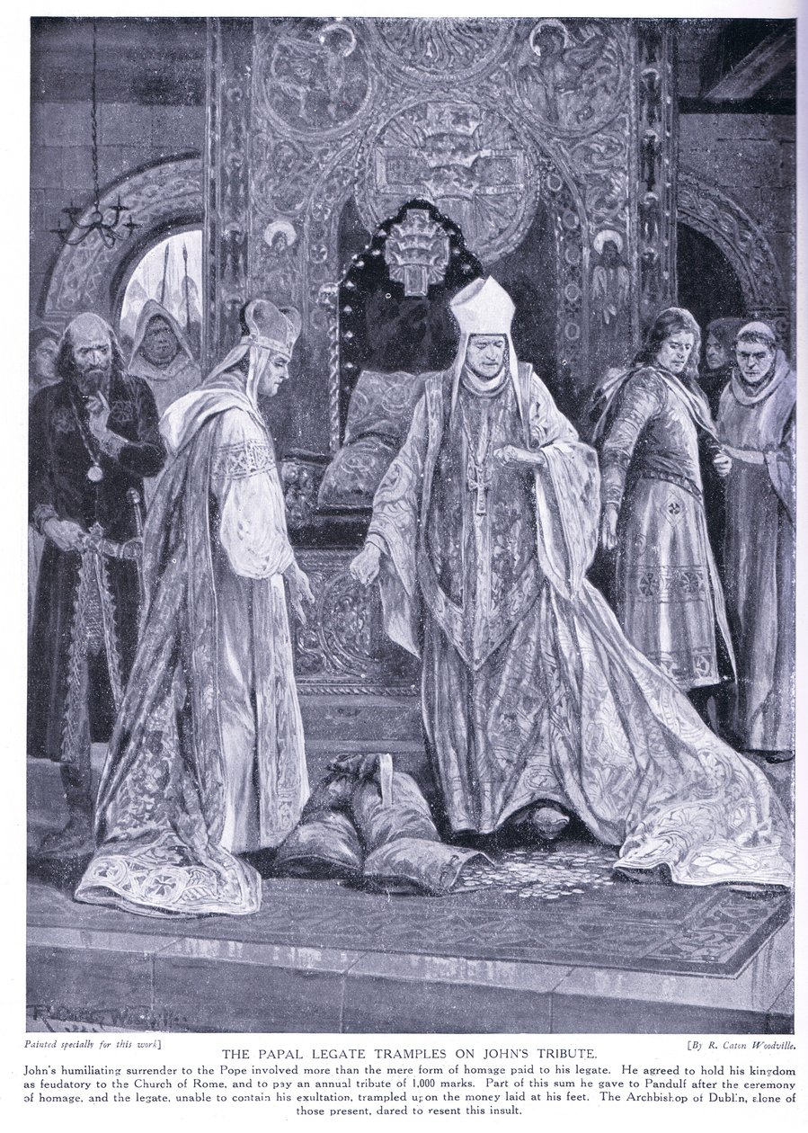 Paavin legaatti tallaa Johanneksen kunnianosoituksen AD1213, 1920-luku tekijältä Richard Caton Woodville junior
