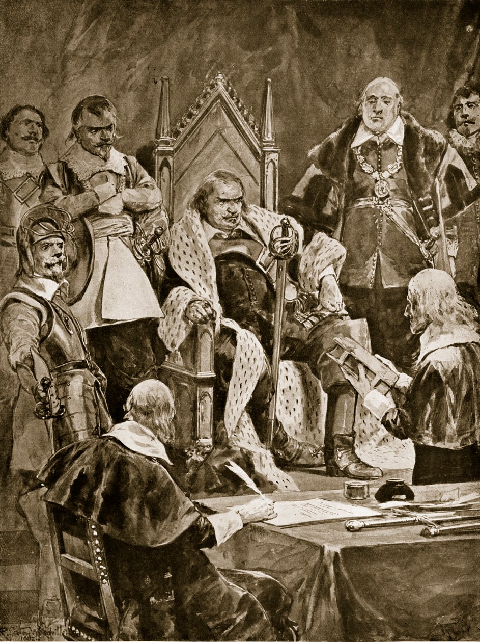 Cromwellin vihkiminen suojelijaksi, 1657, kuvitus teoksesta "Hutchinson