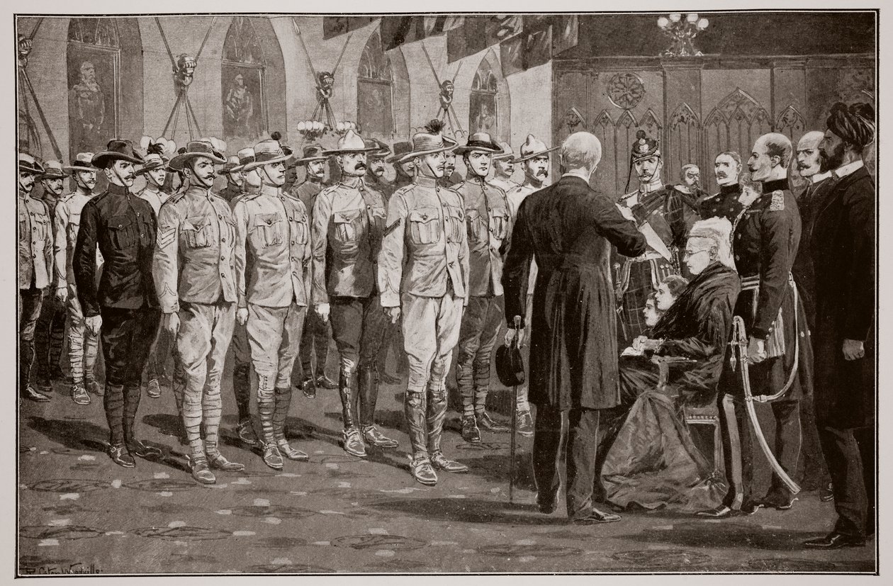 Kuningatar Victorian siirtomaa-sotilaiden tarkastus Windsorin linnassa, 16. marraskuuta 1900 tekijältä Richard Caton Woodville junior
