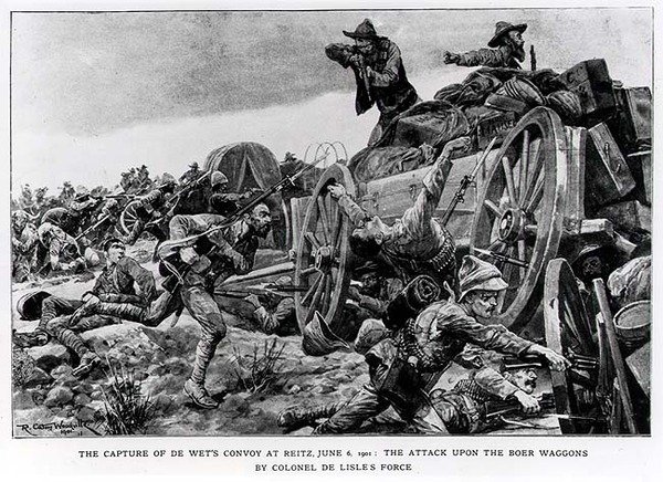 De Wets-saattueen vangitseminen Reitzissä, 6. kesäkuuta 1901. Eversti de Lislesin joukkojen hyökkäys buurivaunuihin tekijältä Richard Caton II Woodville