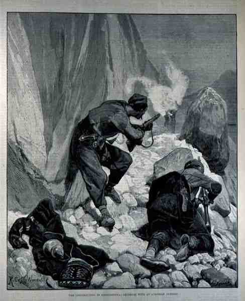 Kapina Hertsegovinassa: Kahakka itävaltalaisen etuvartioaseman kanssa, kaiverrettu W. I. Mosses, The Illustrated London News, 18. maaliskuuta 1882 tekijältä Richard Caton II Woodville