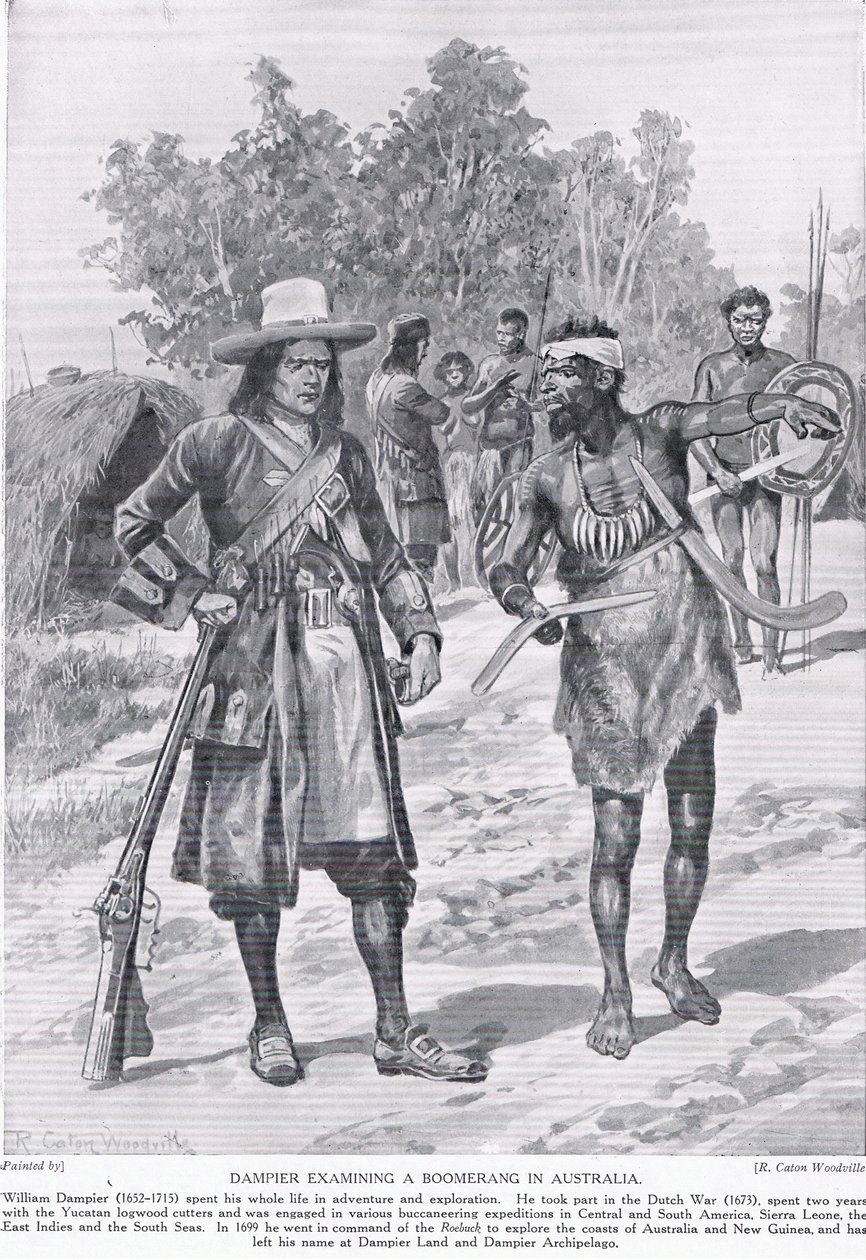 Dampier tutkii bumerangia Australiassa, n. 1910 tekijältä Richard Caton Woodville