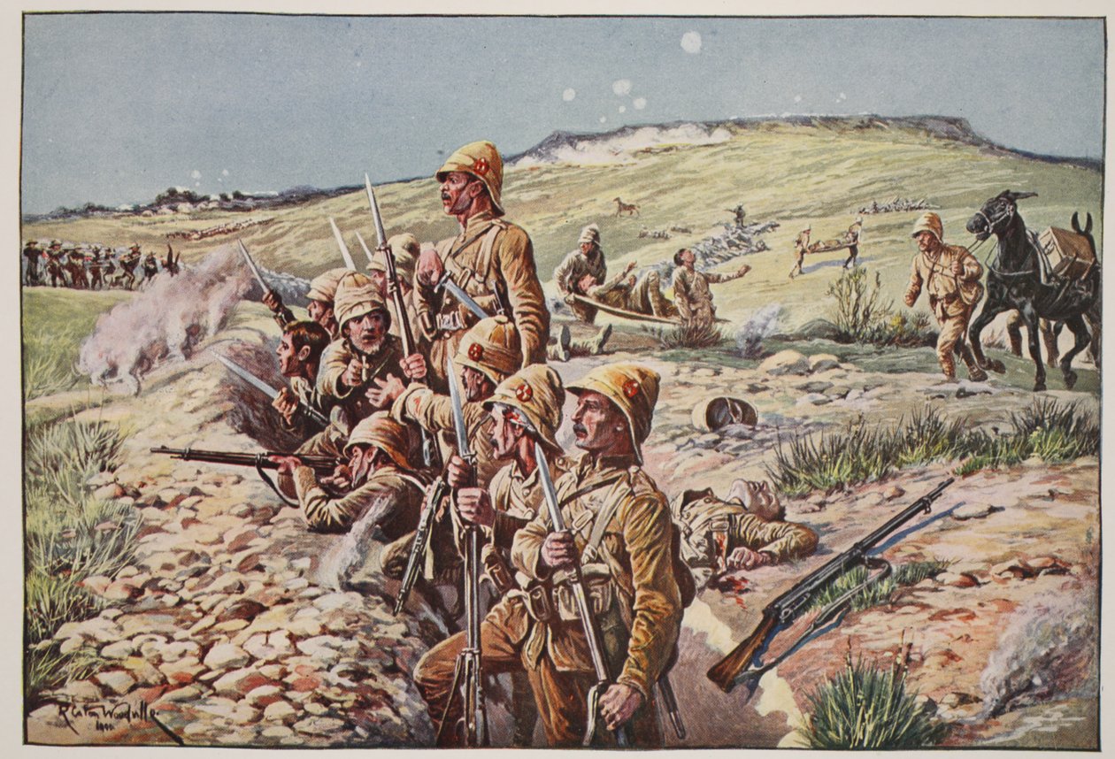 Korjaa pistimet! In the Trenches at Ladysmith, kuva julkaisusta "Battles of the Nineteenth Century, Voi. VI: Buurien sota 1899-1900, Archibald Forbes, G.A. Henty ja majuri Arthur Griffiths (col tekijältä Richard Caton Woodville