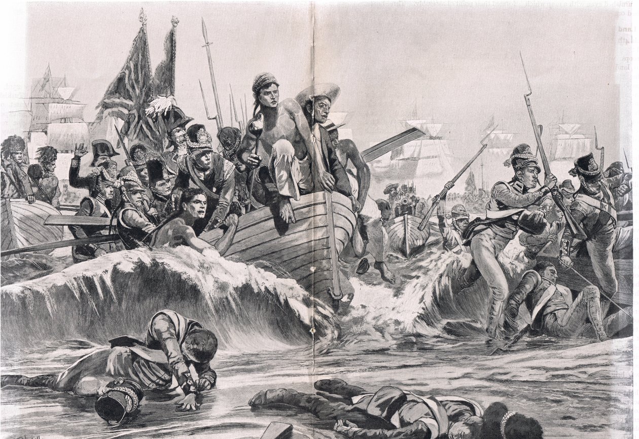 Brittijoukkojen maihinnousu Aboukir Bayssa, kuva julkaisusta "British Battles on Land and Sea", julkaisija Cassell, Lontoo, n. 1910 tekijältä Richard Caton Woodville