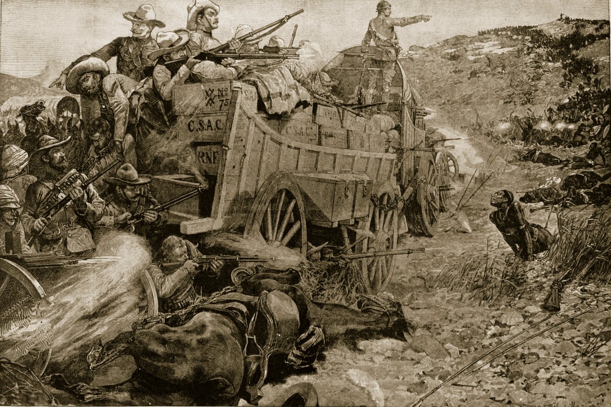 Matabelen sota, 1893: Hyökkäys Imbebezi-joen vaunujen laageriin, 1. marraskuuta, The Illustrated London News, 1901 tekijältä Richard Caton Woodville