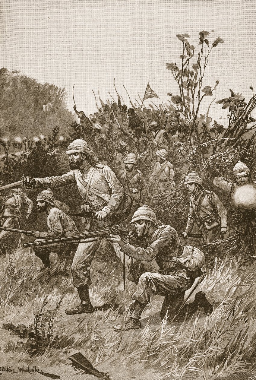 "Luokkaat miehet johtivat etenemistä", kuvitus teoksesta "Battles of the Nineteenth Century", kirjoittanut Archibald Forbes, G.A. Henty ja majuri Arthur Griffiths tekijältä Richard Caton Woodville