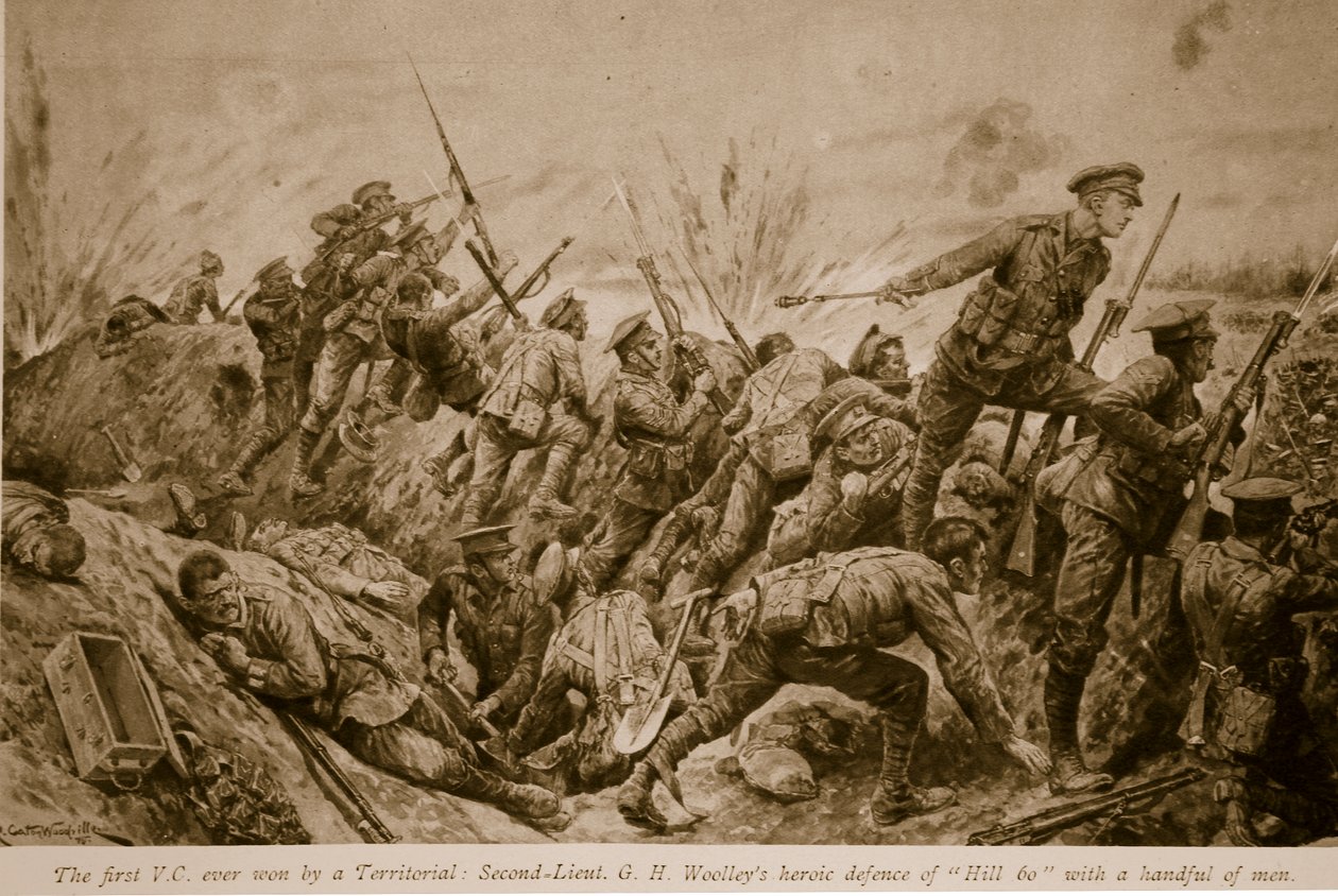 Ensimmäinen V.C. voitti territoriaalinen: sekundaariluutnantti G.H. Woolleyn sankarillinen puolustus Hill 60:tä kourallisen miehen kanssa, 1914–1919 tekijältä Richard Caton Woodville