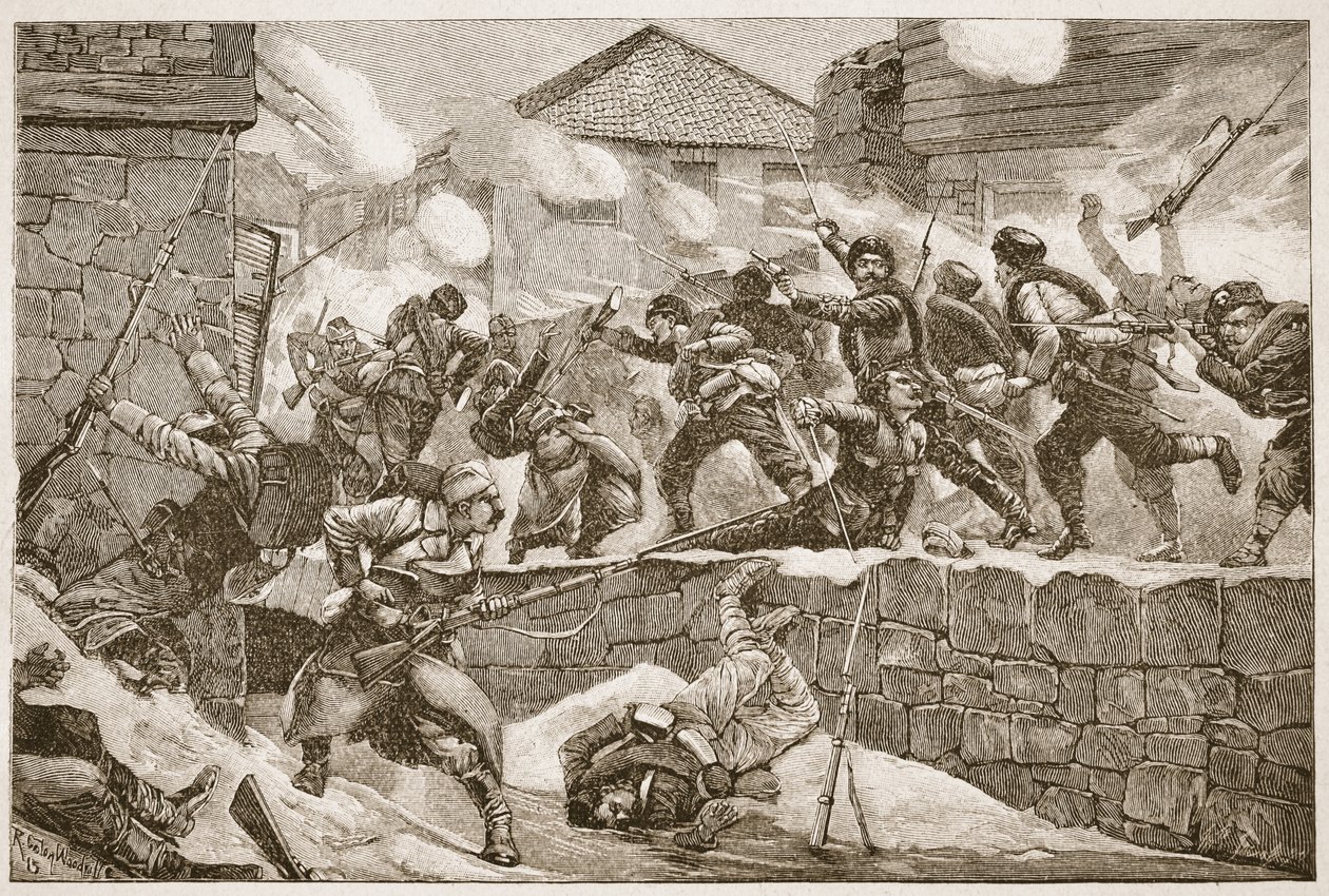 Bulgarian kolonnin räjähdys hyökkäsi kaupunkia vastaan, esimerkki Archibald Forbesin, G.A., teoksesta "Taistelut 1800-luvulla". Henty ja majuri Arthur Griffiths tekijältä Richard Caton Woodville