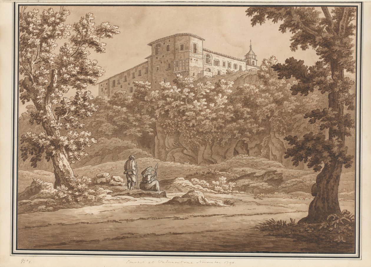Valmontonen luostari, 66 näkymän tilauksesta piirretty luonnosta Rooman ja Abruzzon naapurustossa, marraskuu 1790 (kynän ja musteen pesu paperille) tekijältä Richard Colt Hoare