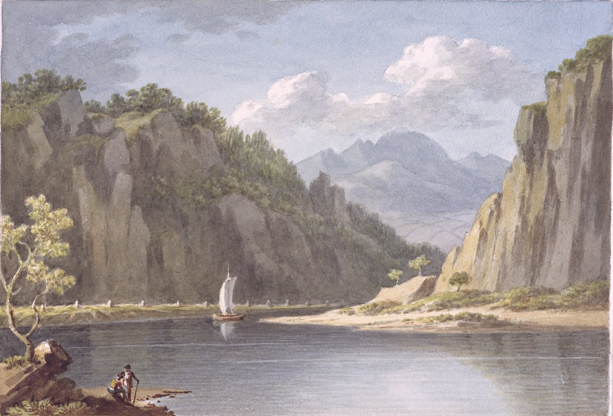 Elbe-joella, lähellä Lowositzia Sachsenissa, levy 1 julkaisusta "Select Views in Saxony, Ranska, Espanja, Elba, Italia ja Sisilia", pienennetty ja väritetty John "Warwick" Smithin (1749-1831) n. 1817 (wc ja musta tekijältä Richard Colt Hoare