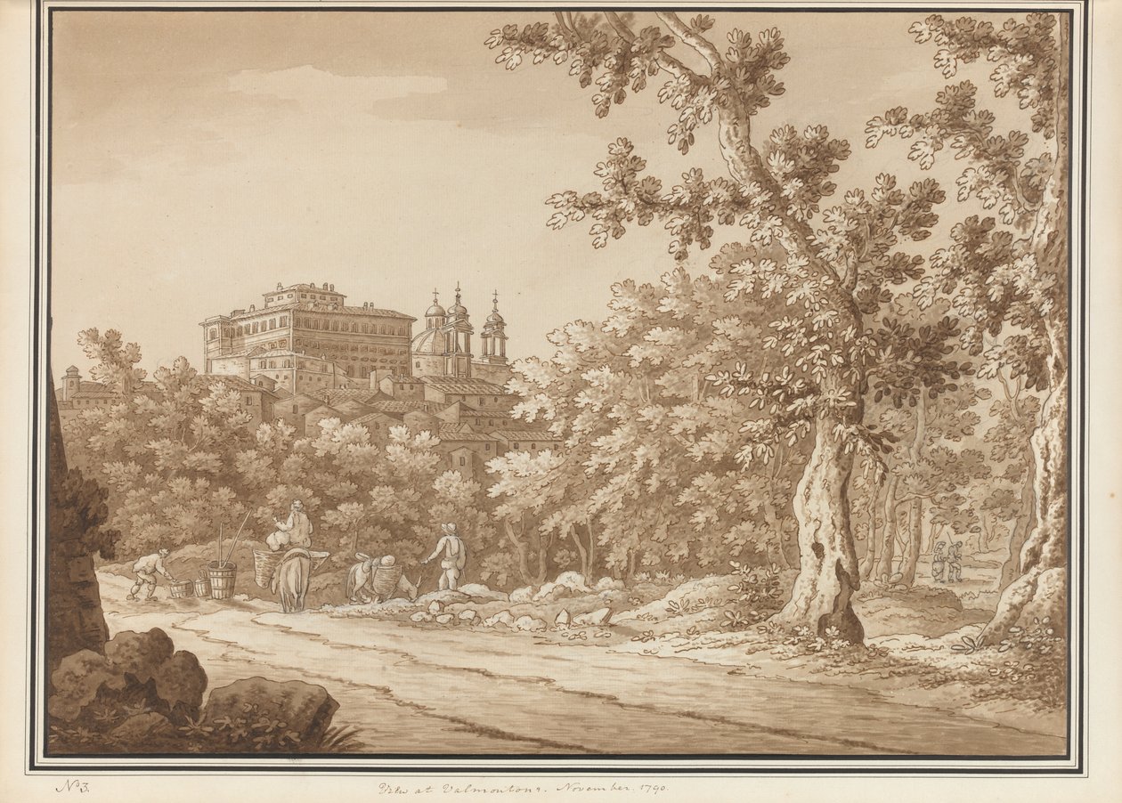 Näkymä Valmontonessa, 66 näkymän tilauksesta piirretty luonnosta Rooman ja Abruzzon naapurustossa, marraskuu 1790 (kynän ja musteen pesu paperille) tekijältä Richard Colt Hoare