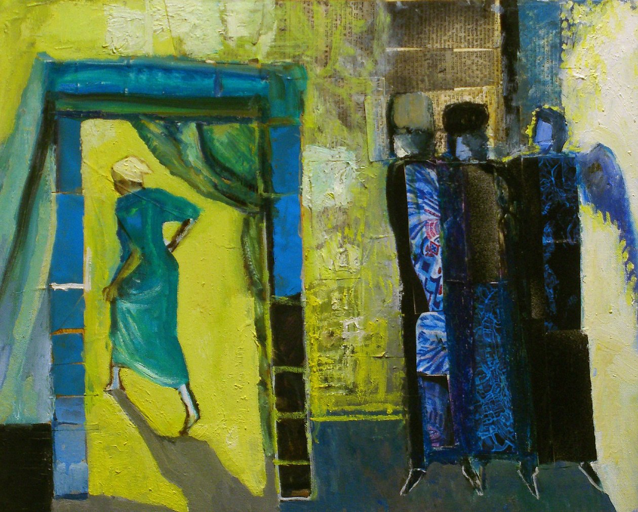 Sarah ja kolme enkeliä, 1998 (öljy & kollaasi kankaalle) tekijältä Richard Contemporary Artist Mcbee