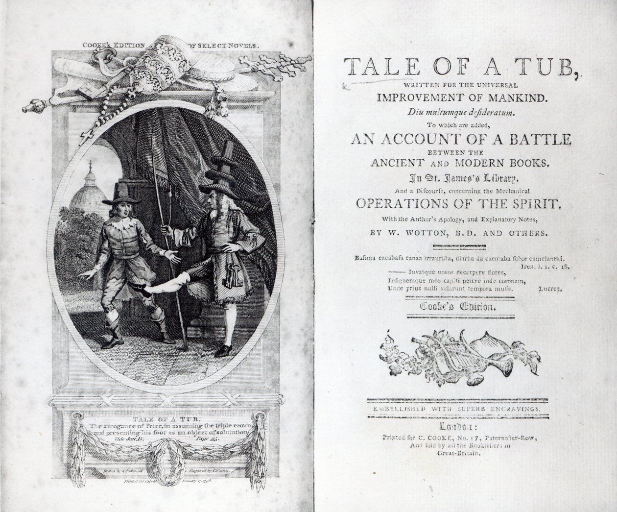 Jonathan Swiftin "A Tale of a Tub" -teoksen etupuoli ja otsikkosivu, kaiverrus Charles Warren, 1798 tekijältä Richard Corbould