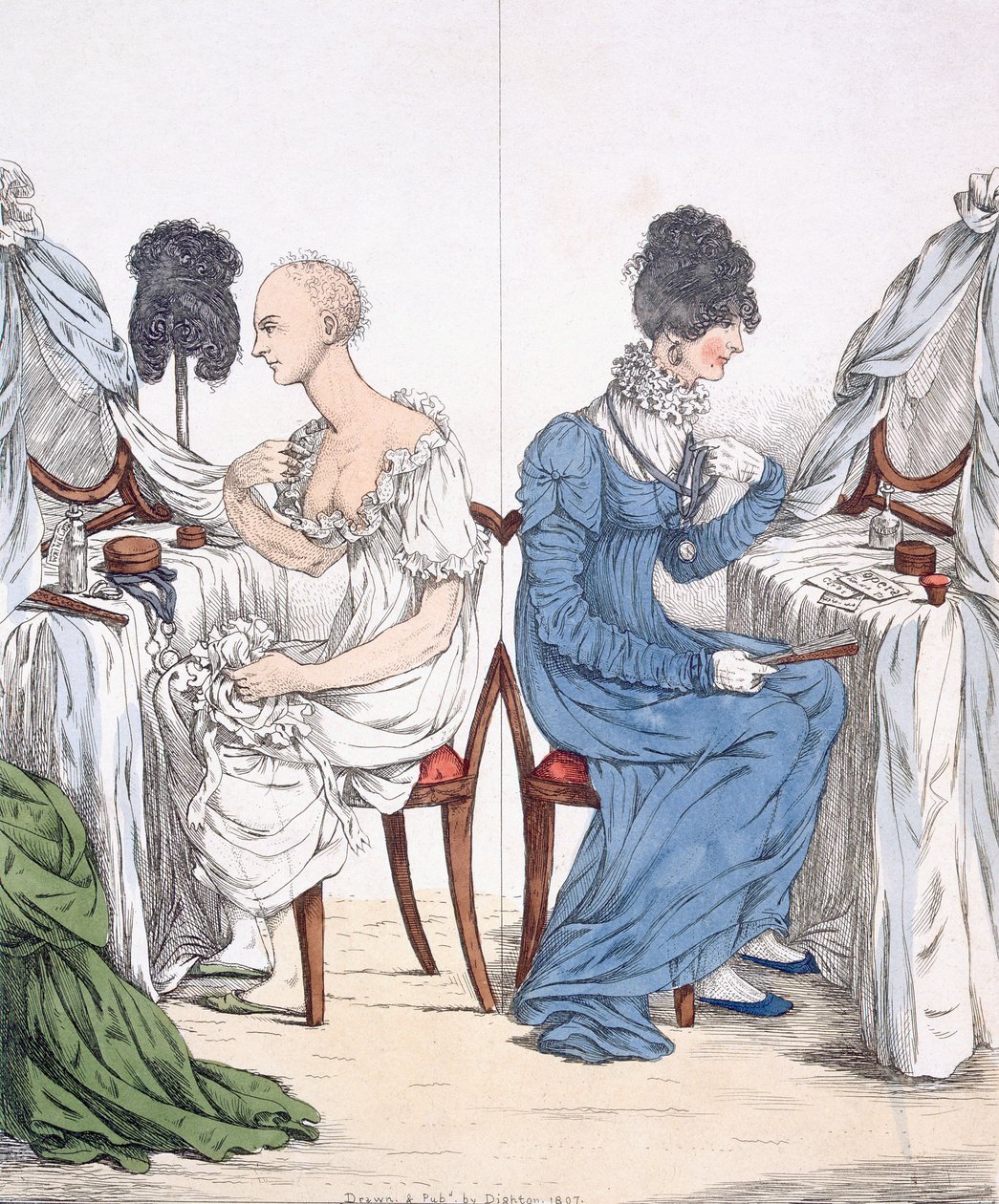 Muodikas nainen, pubi. 1807 (värillinen etsaus) 88:A Regency belle ilman peruukkiaan ja pukuaan; tekijältä Richard Dighton