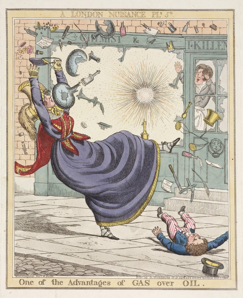 Yksi kaasun eduista öljyyn verrattuna, levy 5 julkaisusta A London Nuisance, 1822 (käsinvärinen etsaus) tekijältä Richard Dighton