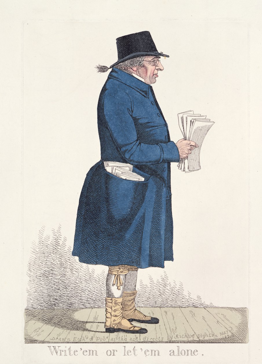 "Kirjoita ne tai jätä ne yksin", julkaisusta "City Characters", 1824 (värillinen etsaus) tekijältä Richard Dighton