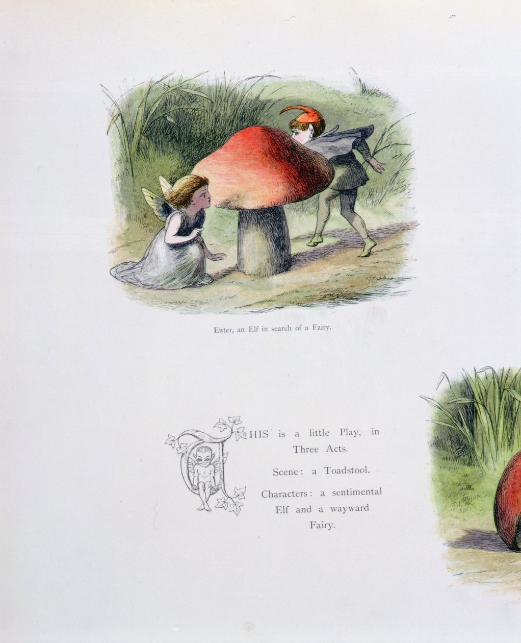 Tonttu etsimässä keijua, kuvitus William Allinghamin ja Andrew Langin teoksesta "In Fairyland: A Series of Pictures from the Elf-World" tekijältä Richard Doyle