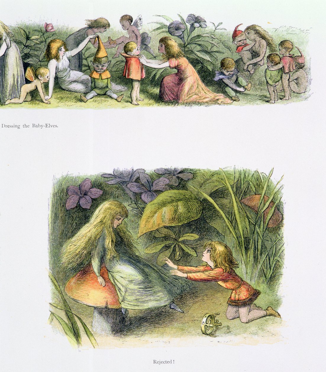 Dressing the Baby Elves, and Rejected!, kuvitus William Allinghamin ja Andrew Langin teoksesta "In Fairyland: A Series of Pictures from the Elf-World" (katso myös 222018) tekijältä Richard Doyle