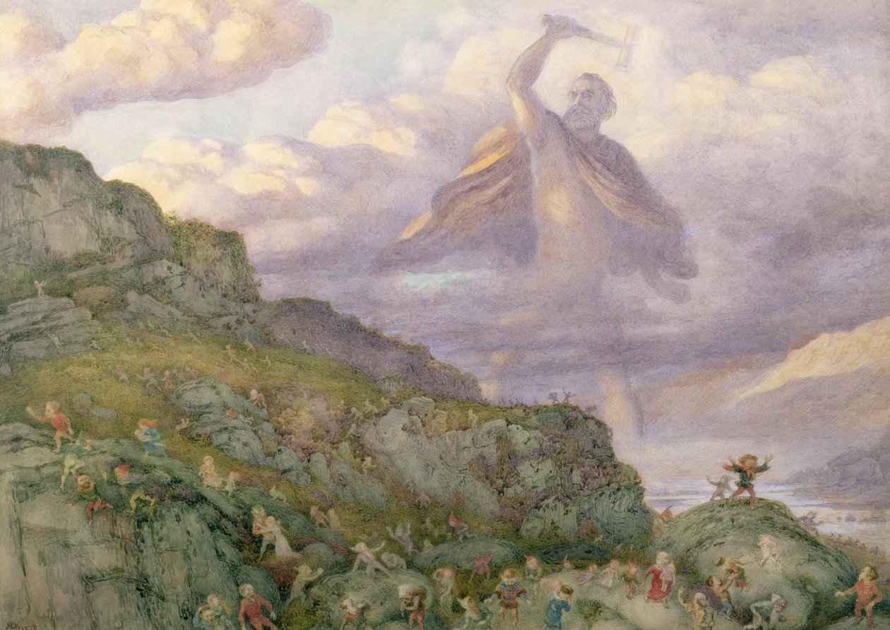Jumala Thor jahtaa kääpiöitä, 1878 tekijältä Richard Doyle