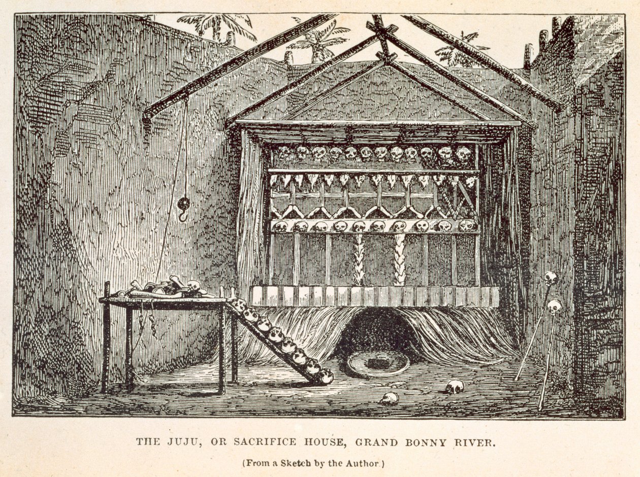 Juju eli uhritalo, Grand Bonny River, Richard F. Burtonin teoksesta "Wanderings in West Africa from Liverpool to Fernando Po", kaiverrus Tinsley Brothers, 1863 tekijältä Richard Francis Burton