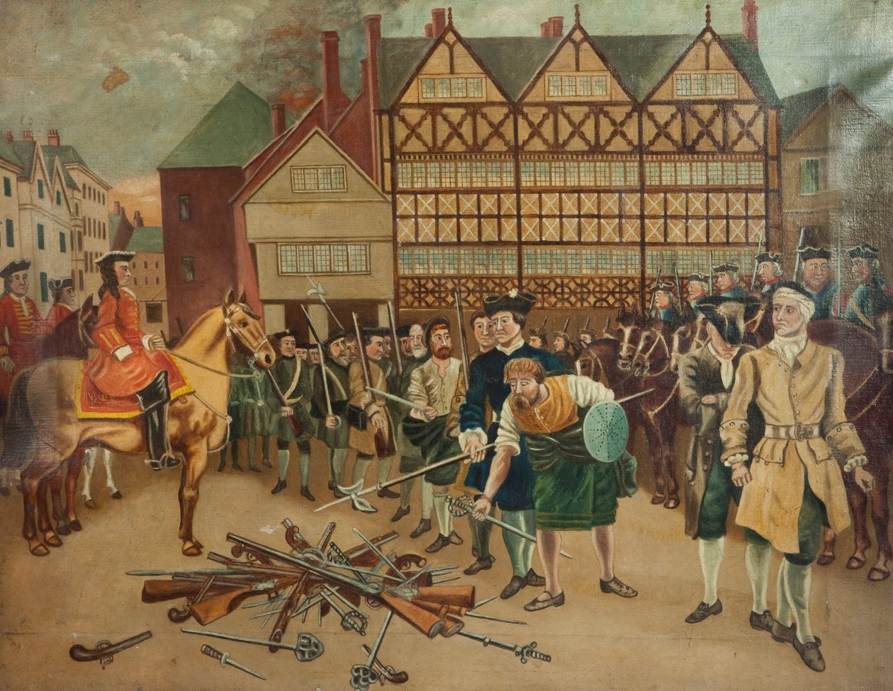 Jacobite-joukot luovuttavat aseensa kenraali Willsille Preston Market Placella vuonna 1715 tekijältä Richard Holmes