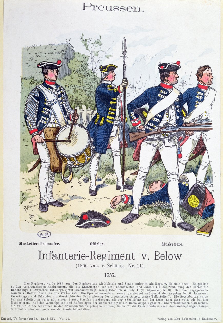 Sotilaita Preussin jalkaväkirykmentistä von Below vuonna 1757, noin 1890 tekijältä Richard Knoetel