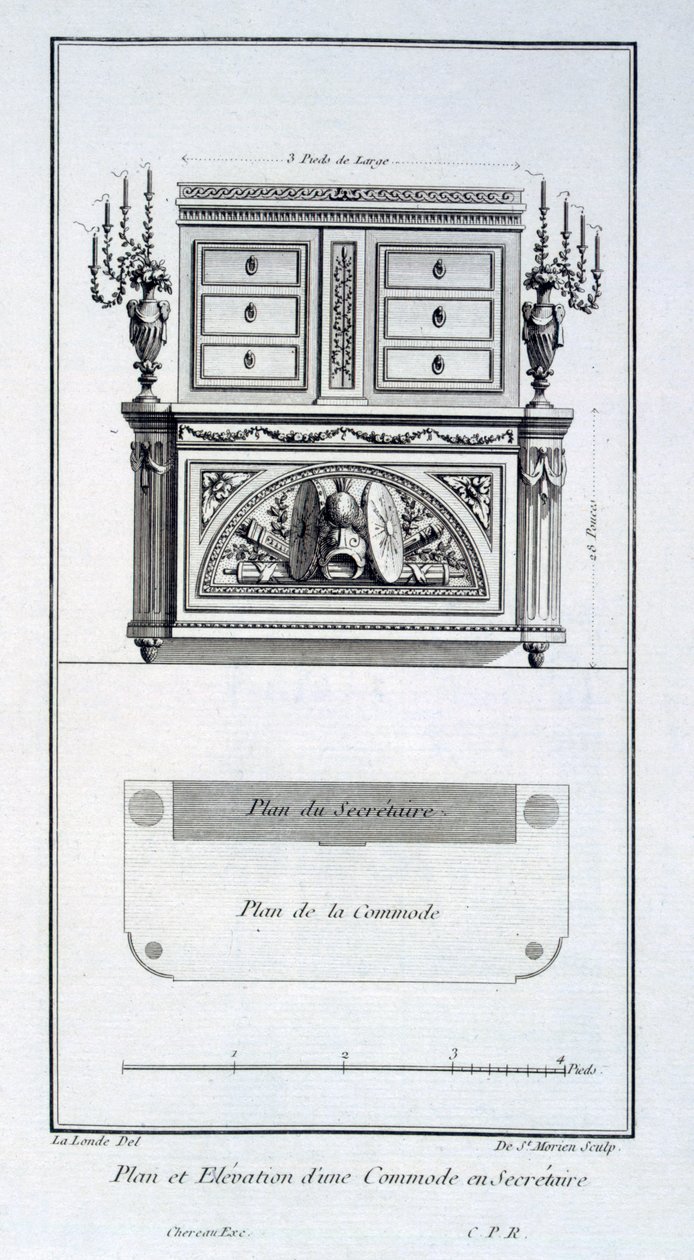 Suunnittelu lipastoon ja sihteerikaappiin, teoksesta "Oeuvres divers de Lalonde, decorationur et dessinateur", julkaistu 1780-96 tekijältä Richard Lalonde