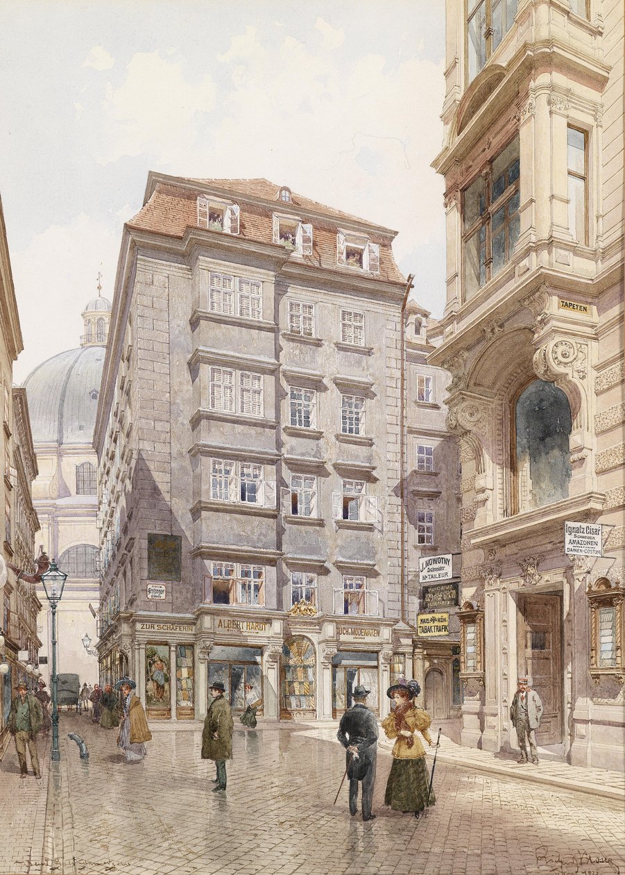 Das Tuchgeschäft Albert Hardt in Freisingergasse, hinten die Peterskirche tekijältä Richard Moser