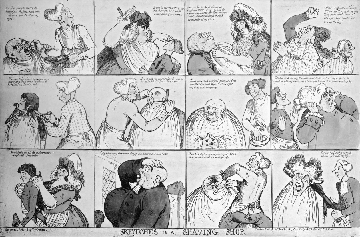 Luonnokset parranajoliikkeessä, 1794 tekijältä Richard Newton